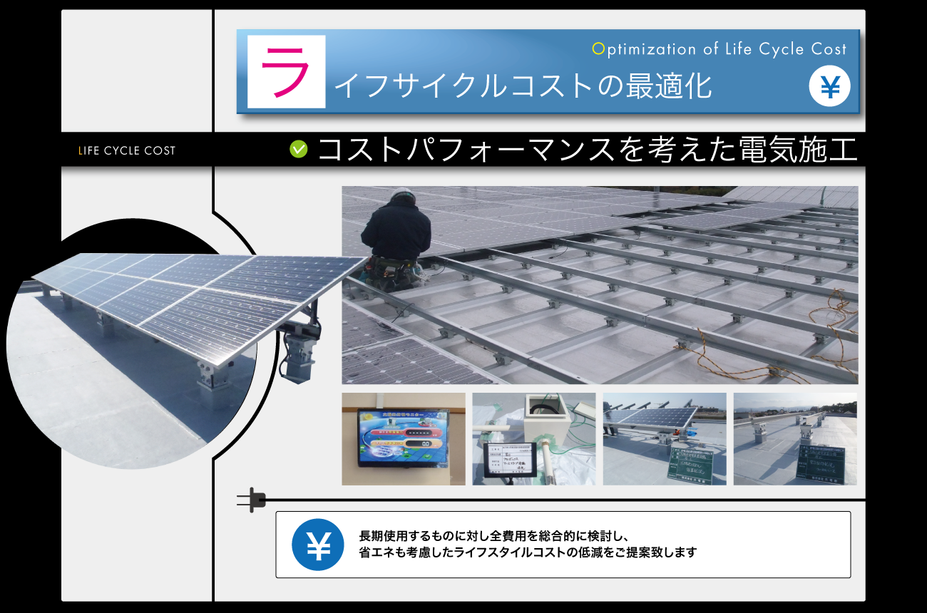 「ライフサイクルコストの最適化」長期使用するものに対し全費用を総合的に検討し、省エネも考慮したライフスタイルコストの低減をご提案致します